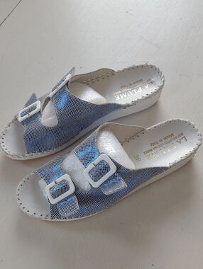 La Plume Blue Metallic Slide Sandals with Adjustable Buckles